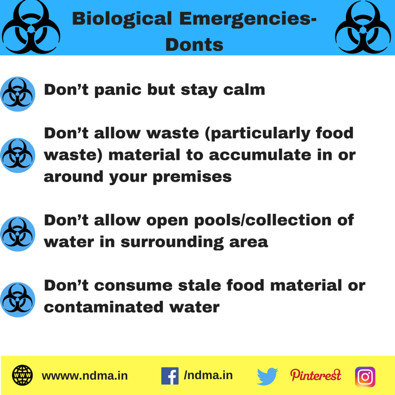 Don’ts – don’t panic, don’t allow waste material to accumulate, don’t allow open pools/collection of water in surrounding area, don’t consume stale food or contaminated water 